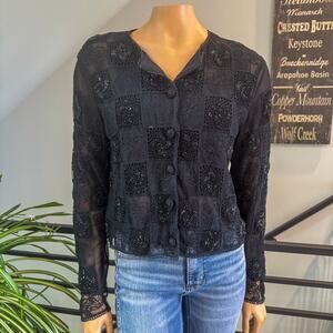 Vintage 90s Whimsigoth Beaded Floral Crochet Mesh Cardigan Sheer Patchwork Top S